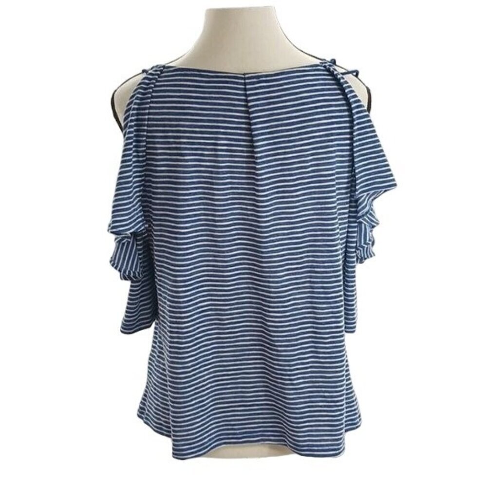 Lucky Brand Womens XS Blue White Stripe Cold Shoulder Ruffle Top Summer Casual - Picture 6 of 8